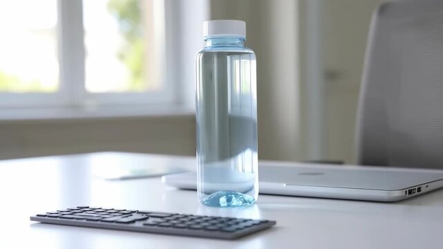 Bottle water clear plastic with white cap on office desk with laptop and keyboard featuring drink, hydration, workplace with computer and table