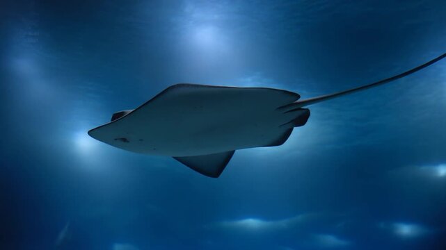 Stingray Swimming Underwater Ocean Deep.