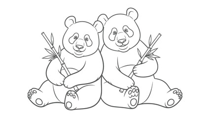 Panda Bears' Peaceful Moment: A black and white illustration of two adorable panda bears embracing a bamboo stalk, each showcasing their distinctive fur patterns in a heartwarming display of wildlife. © Ajhar234