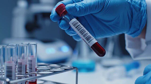  Slow motion cinematic shot of a gloved scientist hand lifting a blood test tube from a rack 