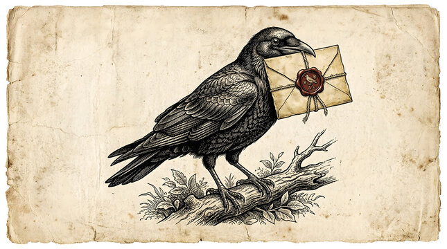 Vintage Raven Illustration Carrying Sealed Letter in Beak