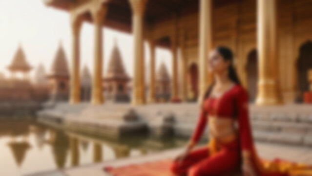 Blurred background of The goddess Parvati performing Surya Namaskar gracefully with elegant divine posture and flowing red and gold garments, adorned with traditional jewelry and glowing aura.