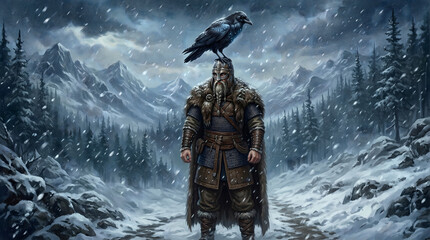 Naklejka premium Viking Warrior with Raven Perched on Helmet in Snowy Mountain