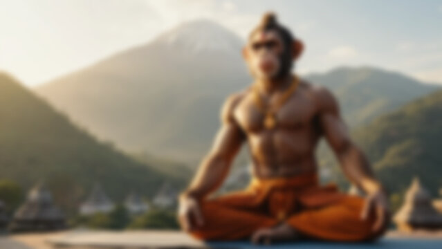 Blurred background of The monkey deity Hanuman performing Surya Namaskar with strong muscular form and peaceful devotion, sacred mountains and temples in the background, sunrise sky glowing brightly.