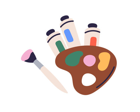 Color palette with paint brush and oil tubes. Colour pallette and paintbrush for painting and drawing. Artist board for pigment mix. Flat vector illustration isolated on white background
