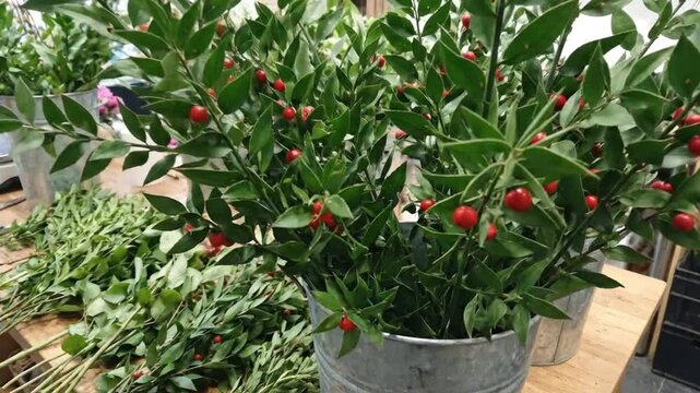 Potted Plants with Red Berries Displayed.