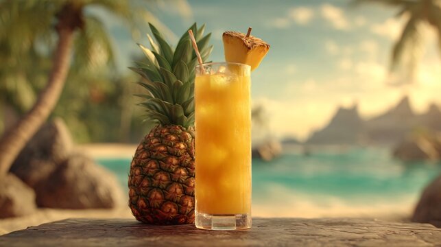 Tropical Paradise Refresher: A vibrant, refreshing pineapple cocktail, adorned with a pineapple wedge, sits invitingly beside a whole pineapple.