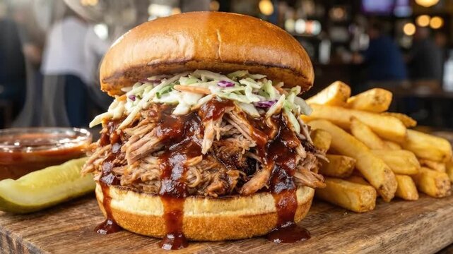 Pulled Pork Sandwich with Fries on Wooden Board.