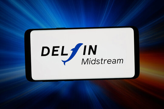 Stuttgart, Germany - 03-06-2026: In this photo illustration, the logo of company Delfin LNG LLC (Delfin Midstream) is displayed on a smartphone in front of abstract background on computer screen.