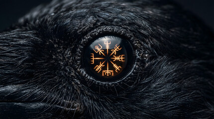 Fototapeta premium Detailed Crow Eye Reflecting Burning Orange Viking Rune Circle
