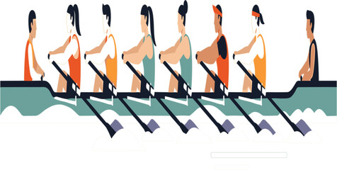 Rowing Team in Boat Illustration with Athletes Paddling Together for Sports Competition, Teamwork, Fitness, and Water Racing Concept Design © Ruma