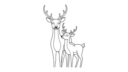 Deer Duo: A tender illustration depicts a pair of deer, the larger one with majestic antlers standing protectively over a smaller deer with its own budding horns, sharing a moment of calm connection.