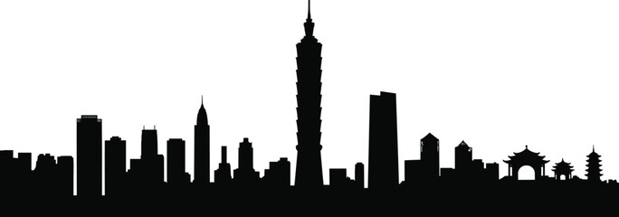 Obraz premium Taipei city skyline silhouette illustration, Taiwan landmark architecture design, modern and traditional urban landscape artwork, Taipei 101 building, flat vector stock