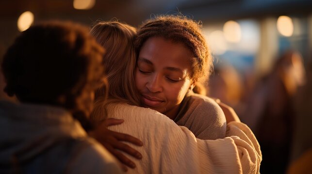 PTSD support group veterans embrace after emotional session, trust and understanding visible, tissue boxes emptied, healing journey shared collectively, perfect for trauma recovery, therapeutic