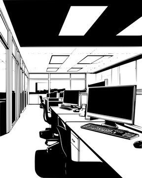 Endless office cubicles under a flat ceiling light panel area, black vector art