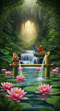Lush jungle scene with waterfall, parrots, and pink lotus flowers floating on water. The image represents nature, serenity, and tropical paradise