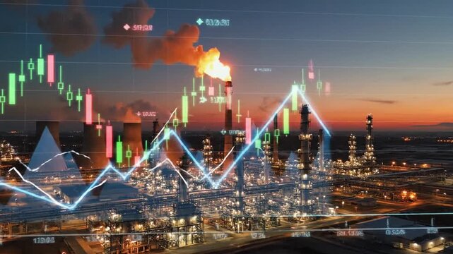 Industrial oil refinery facility at sunset featuring a dynamic stock market graph overlay illustrating energy production correlation and petroleum commodity price fluctuation in twilight sky