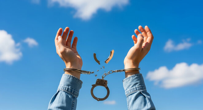 Two raised arms with broken handcuff against blue sky. It represents overcoming limits, emancipation, and liberation, offering hope and optimism