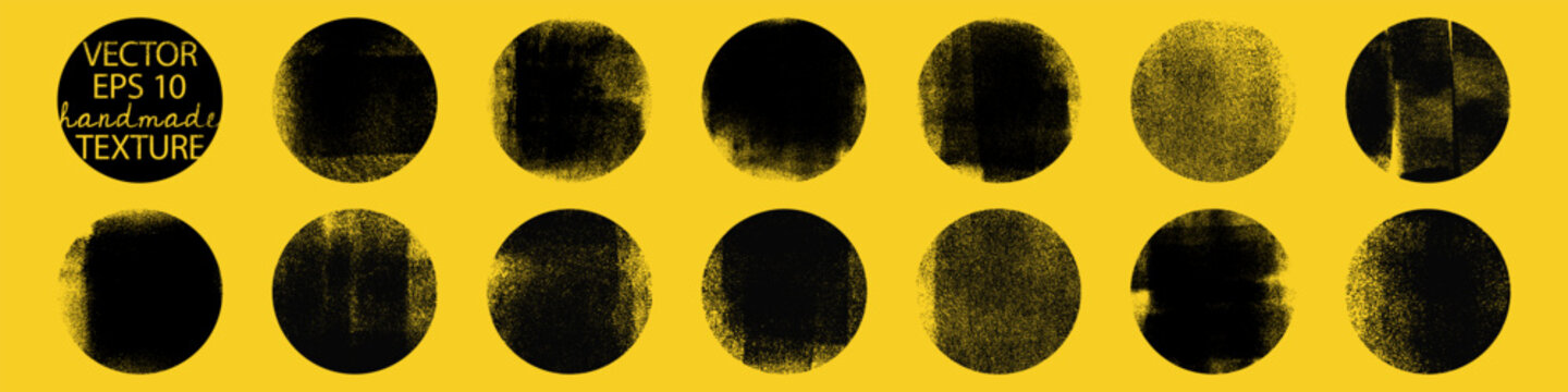Grunge rolled ink circle stamp textures set handmade with brayer. Letterpress vintage rough round frames, backgrounds, borders. Detailed textured vector illustration isolated on yellow background