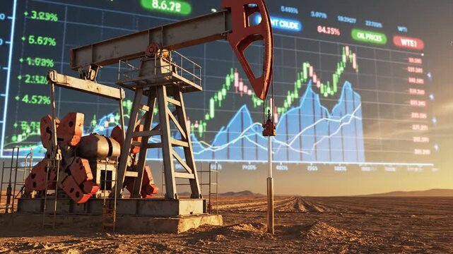 Industrial oil pumpjack operating on petroleum field during sunset with overlaying digital financial graph showing crude price trends and market data for global energy trade and economy.