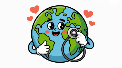 Smiling earth with stethoscope and hearts symbolizing global health and care