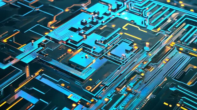 Abstract digital circuit board with intricate pathways and glowing elements, showcasing a vibrant blue and orange color scheme in a high-tech environment