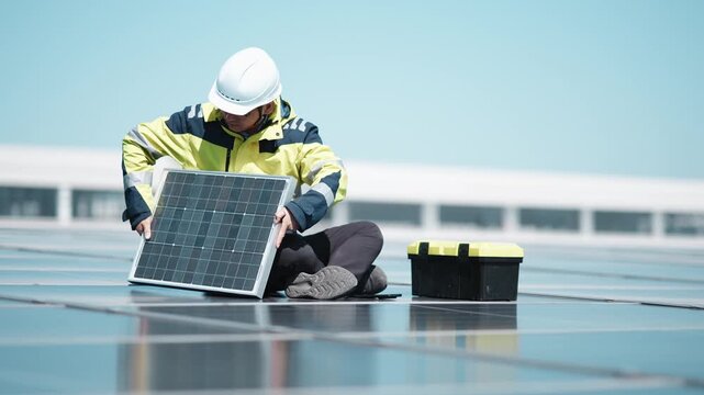 Engineer inspecting solar photovoltaic panels on a rooftop under clear sky