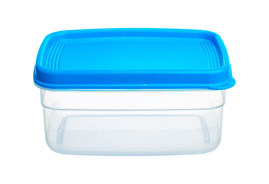 Clear plastic container with blue lid for food storage isolated on transparent background