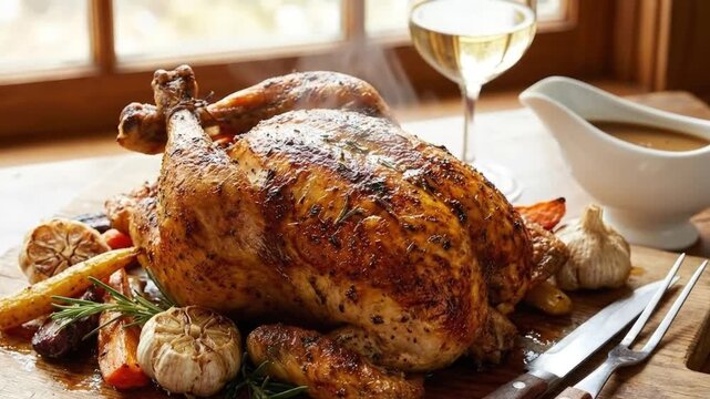 Roasted turkey with vegetables and gravy.
