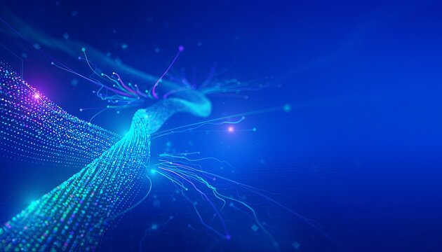 Abstract artificial intelligence data flow with glowing particles and blue light trails.