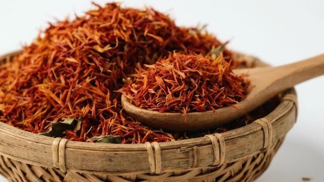 Saffron Threads in Woven Basket with Spoon.