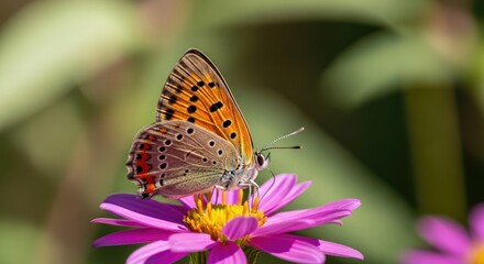 Obraz premium A butterfly perches delicately on a vibrant pink zinnia flower. The butterfly’s wings display intricate patterns of orange, brown, and black.