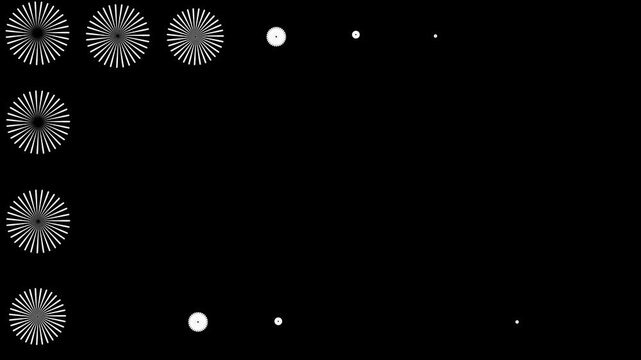 Celebration projects and promotional visuals featuring circle firework display animation on solid black background with geometric firework circle burst pop-up and glowing realistic spark hits.