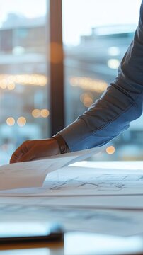 Engineers and architects discuss and review project implementation plans in an office with design documentation. Banner. Bokeh.