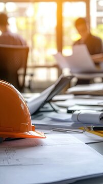 Engineers and architects discuss and review project implementation plans in an office with design documentation. Banner. Bokeh.
