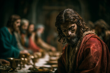 Fototapeta premium Judas Leaving the Last Supper in Dramatic Biblical Scene with Jesus and Apostles at Table Holy Thursday