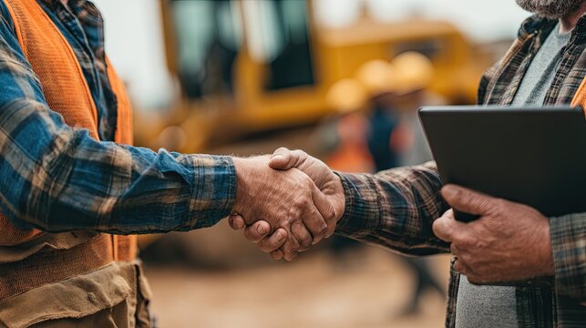 Man, engineers with tablet computer, shaking hands at sand quarry of ore mine. Banner, bokeh. Close-up.