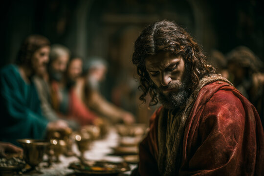Judas Leaving the Last Supper in Dramatic Biblical Scene with Jesus and Apostles at Table Holy Thursday