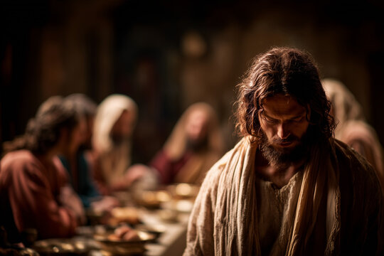 Judas Leaving the Last Supper Looking Down While Jesus and Apostles Gather at Table During Holy Thursday