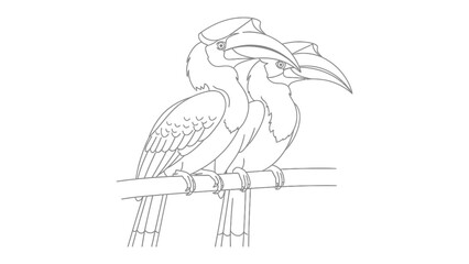 Hornbill Line Art: An intricate line drawing of a pair of hornbills perched side-by-side, their distinctive beaks and head ornaments elegantly outlined. © AJM