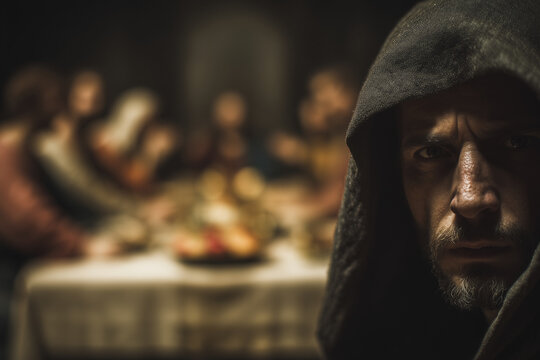 Judas Leaving the Last Supper with Dark Expression While Jesus and Disciples Share Passover Meal in Background
