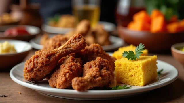 Soul Food Juneteenth Family Table: Soul food dishes arranged on family dining table
