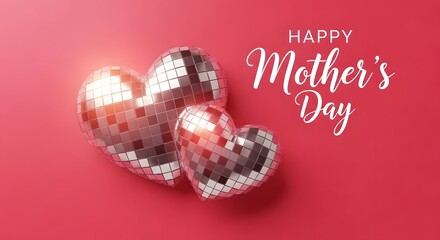 Happy Mother's Day disco heart balloons on red background