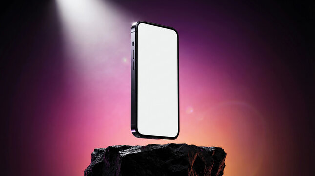 Modern smartphone with blank screen levitating above a dark rock formation