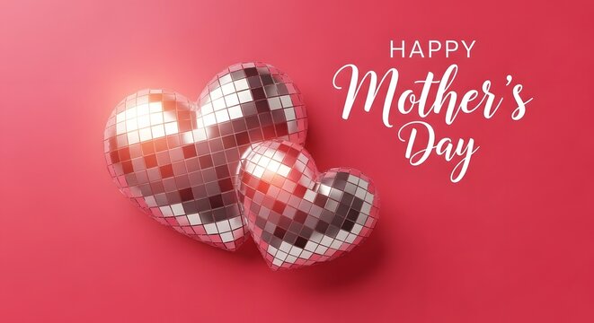 Happy Mother's Day disco heart balloons on red background