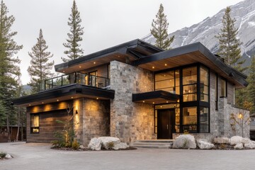 Fototapeta premium Beautiful modern house with stone exterior, large windows, and balcony in a forested area during the evening, surrounded by tall trees and mountains in the background