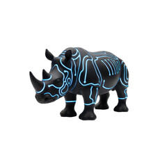 Fototapeta premium Black Rhinoceros Sculpture with Glowing Blue Circuit Pattern