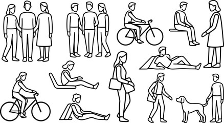 Obraz premium Set of minimalist people line art illustrations including cyclists, pedestrians, and individuals sitting and walking with a dog, flat vector.