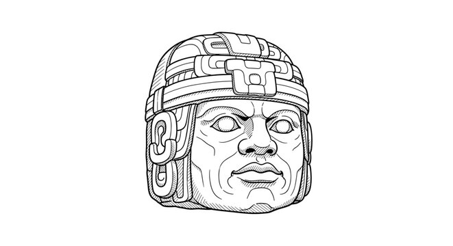 Intricate olmec head sketch with detailed tribal patterns