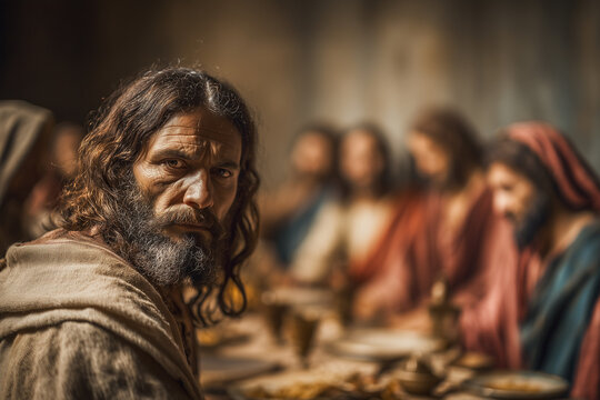Judas Leaving the Last Supper Turning Away from Jesus and Apostles During Passover Meal Scene Holy Thursday